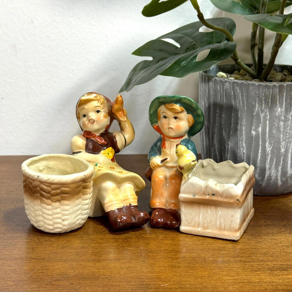 Vintage Figurines Toothpick Holders Planters Made in Japan Boy and Girl Basket